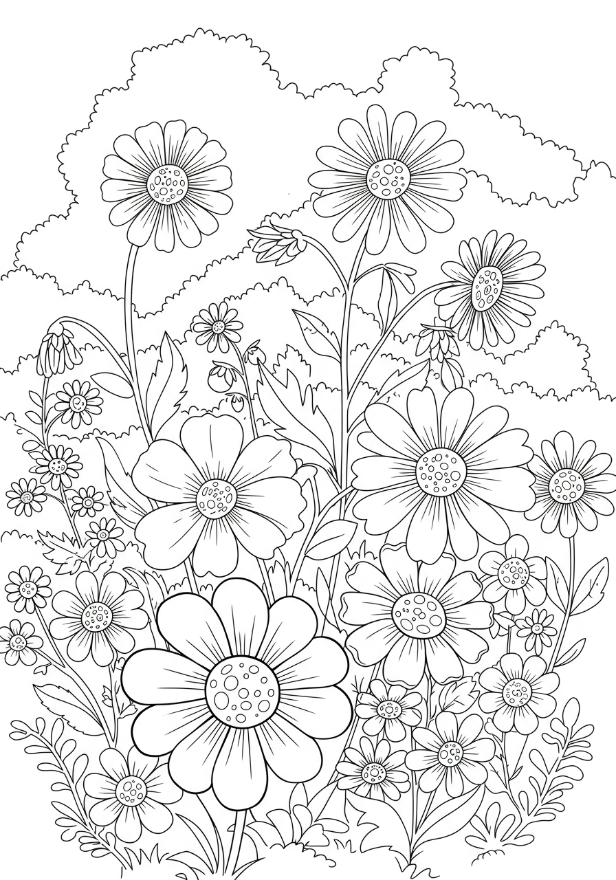 Illustration of a vibrant wildflower garden coloring page for kids, featuring various flowers, butterflies, and bees. Free printable nature activity.