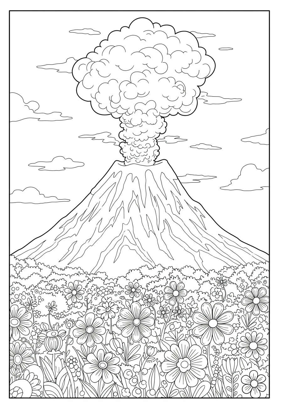 Free printable coloring page for kids depicting a large volcano with smoking clouds billowing from its peak, set against a simple sky.