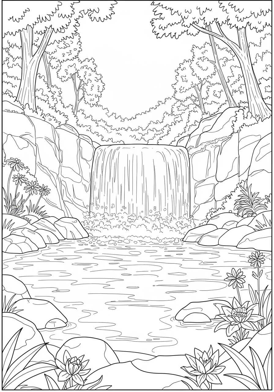 Free printable coloring page depicting a serene waterfall cascading into a calm pool surrounded by lush nature and smooth rocks, perfect for kids.