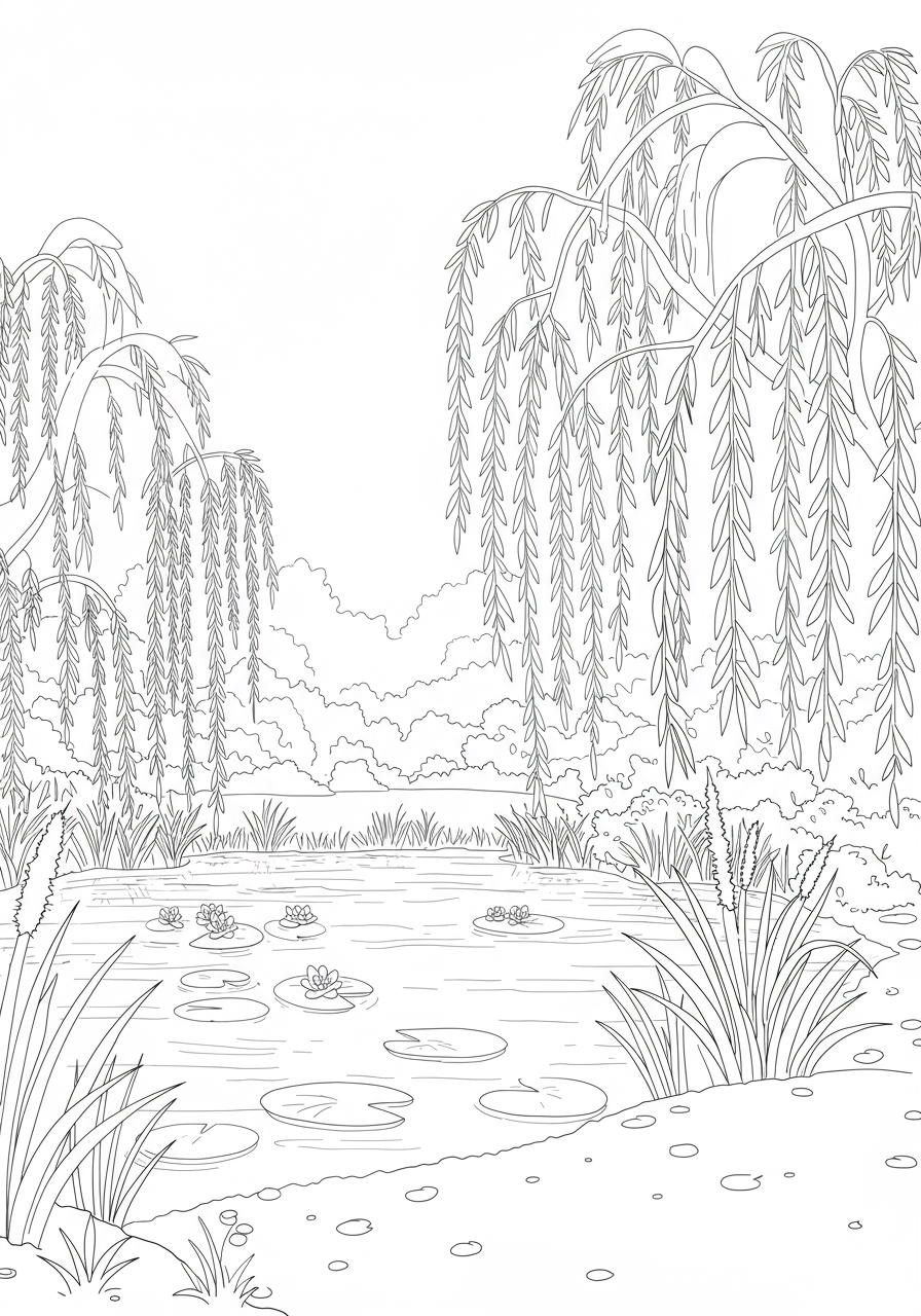 An illustration of a serene weeping willow pond with drooping branches, still water, and a peaceful atmosphere, designed as a free printable coloring page for children.