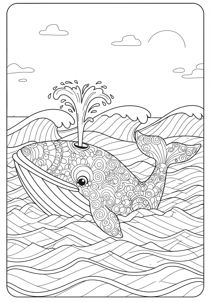 Free printable coloring page showing a friendly whale partially out of the ocean, spouting a tall stream of water from its blowhole, with waves and a clear sky in the background.