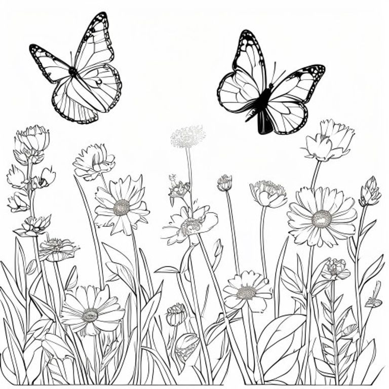 A free printable coloring page featuring various butterflies fluttering among wildflowers in a sunny meadow scene, perfect for kids.