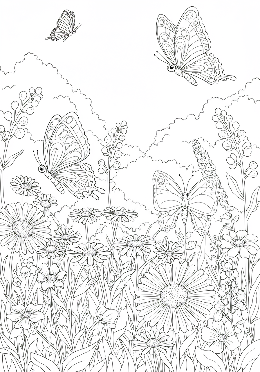 A free printable coloring page showing a detailed, yet easy-to-color illustration of several butterflies flitting among various wildflowers in a meadow scene, perfect for kids.