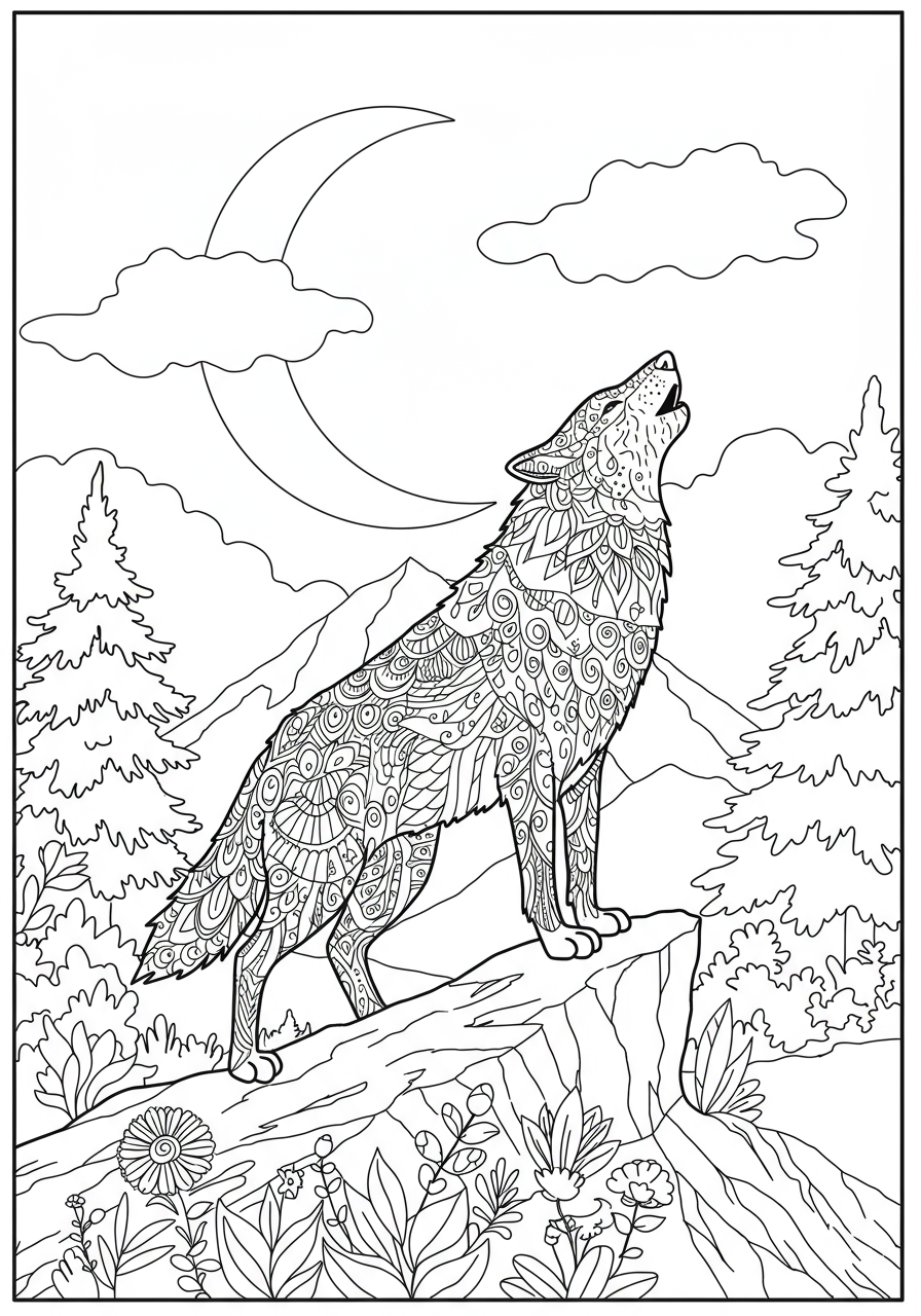 Free printable coloring page featuring a majestic wolf howling on a mountain under a crescent moon, ideal for kids.