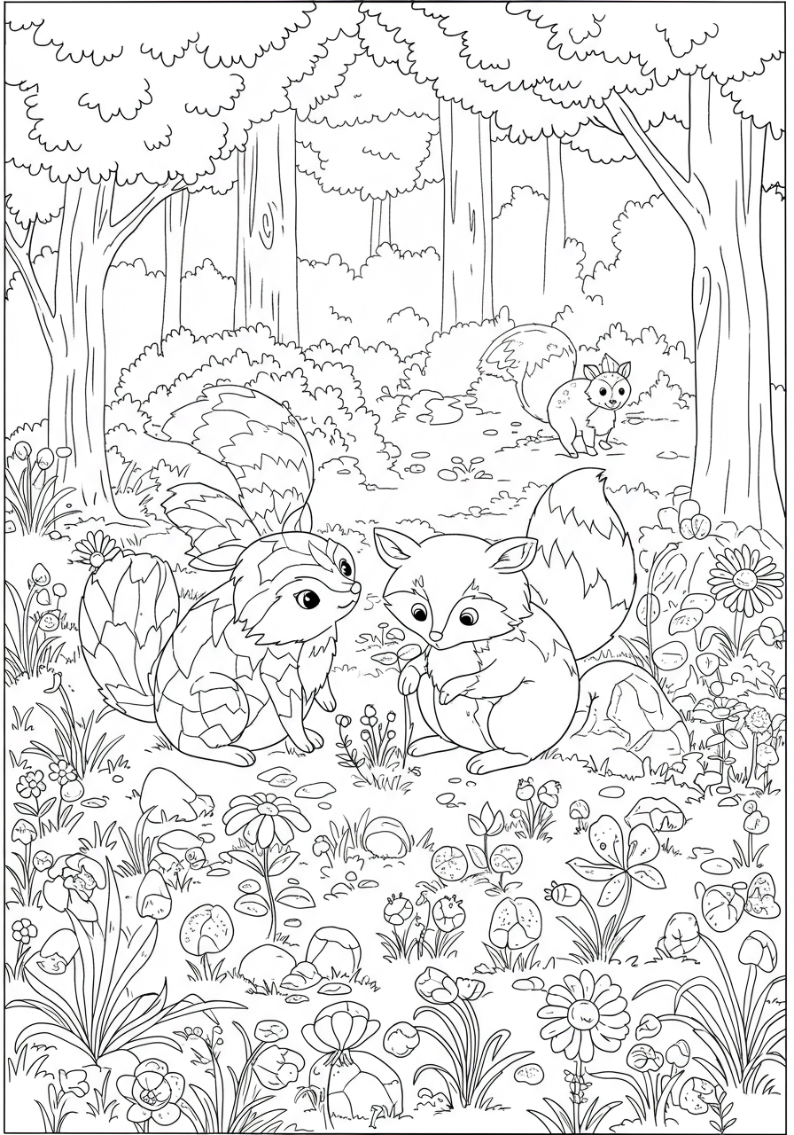 Free printable coloring page depicting various woodland animals playing together in a forest scene, suitable for kids.