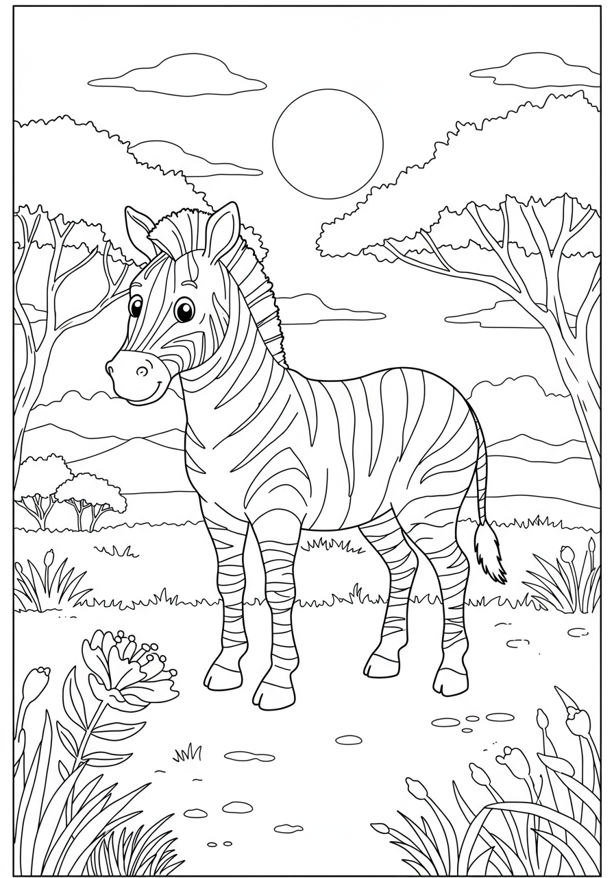Free printable coloring page showing a friendly zebra with its distinctive black and white stripes standing in a sunny savanna landscape, suitable for kids.