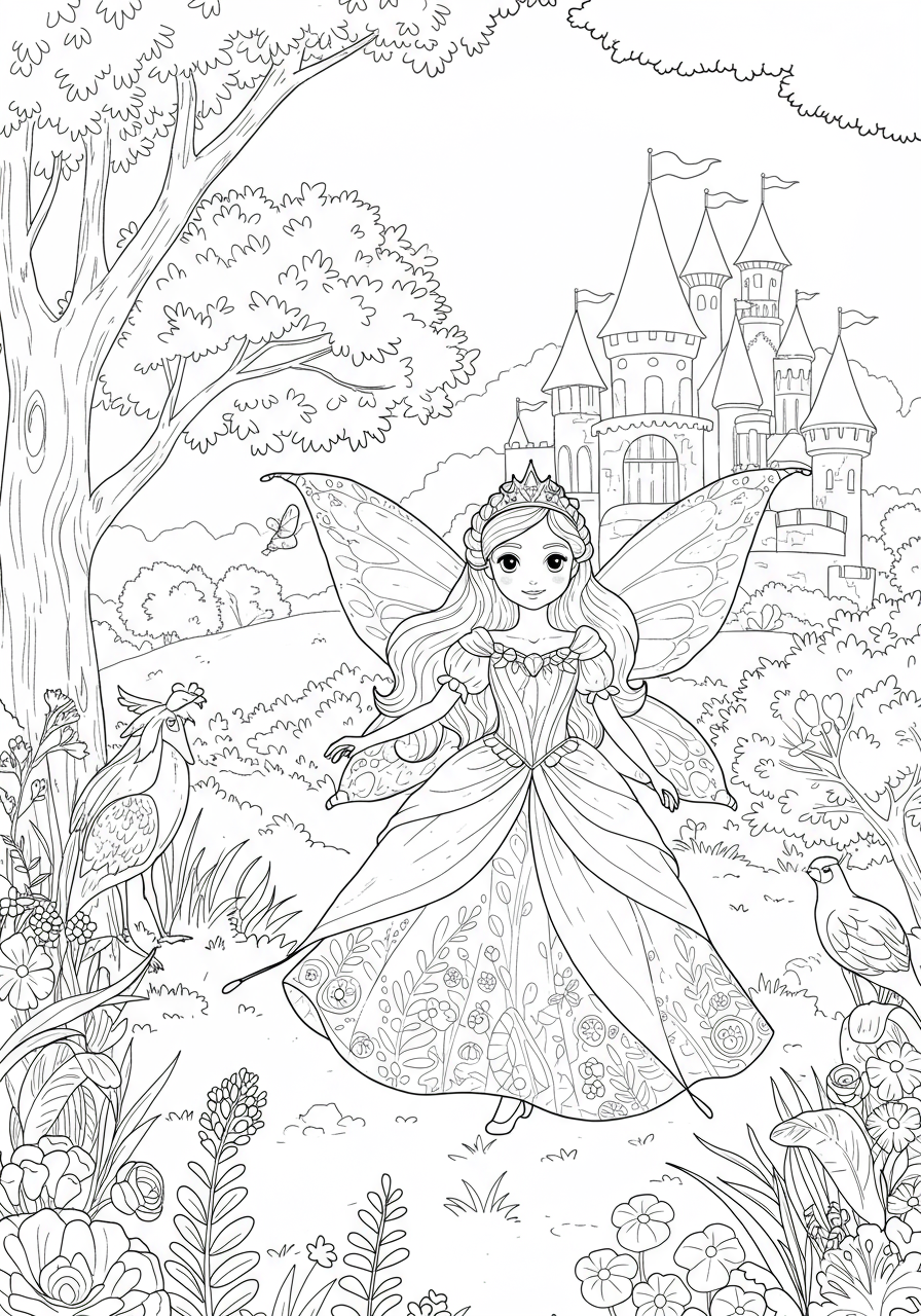 Free printable coloring page featuring a magical fairy enchanted forest scene with friendly creatures like gnomes, pixies, and mystical animals, perfect for young children to color.