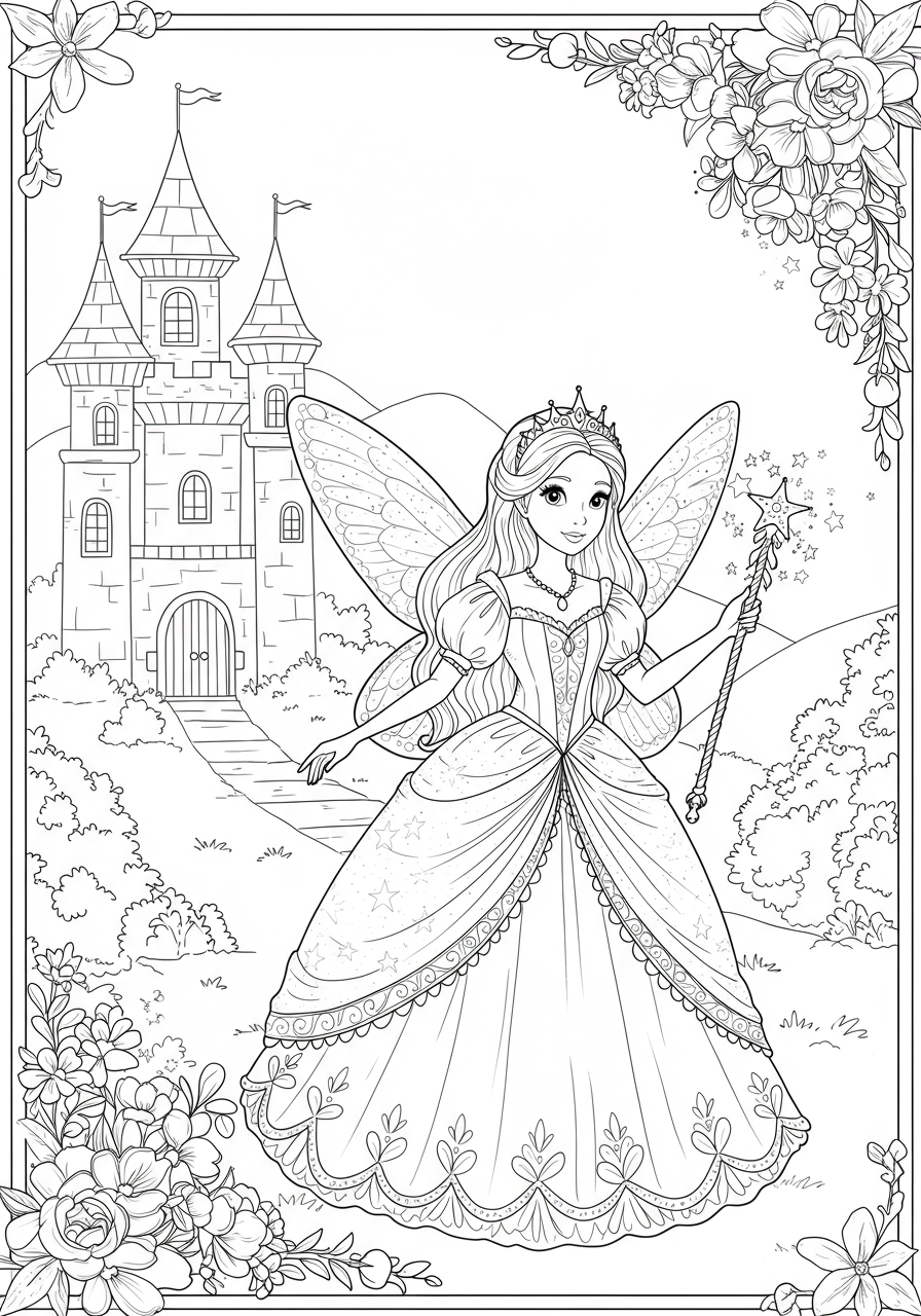 Free printable coloring page featuring a magical fairy wand blooming with flowers and stars, perfect for kids.