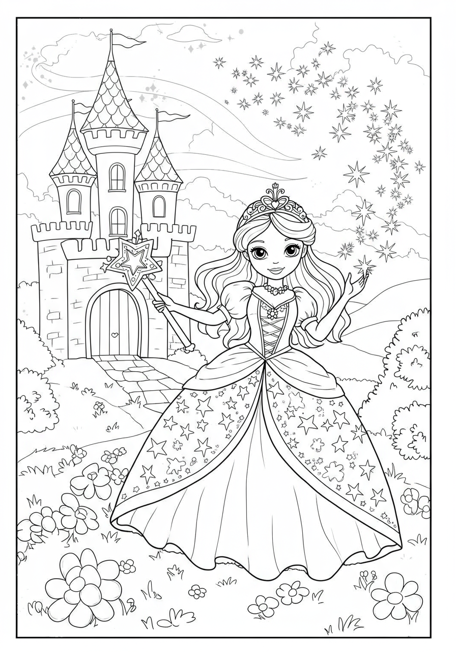 Free printable coloring page featuring a whimsical magic wand with sparkling stars, perfect for kids.