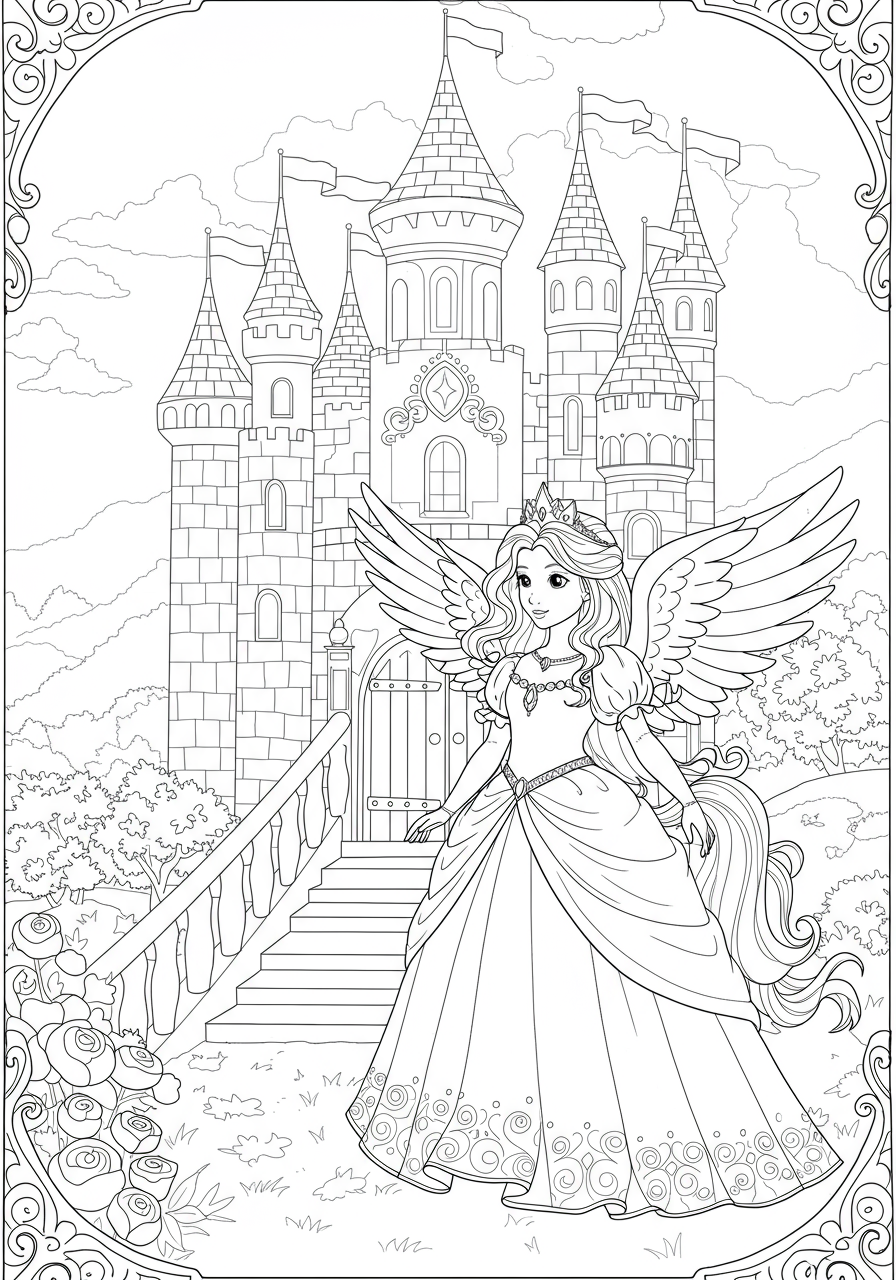 A beautiful free printable coloring page featuring a majestic pegasus flying gracefully near a grand royal palace, designed for easy coloring by kids.