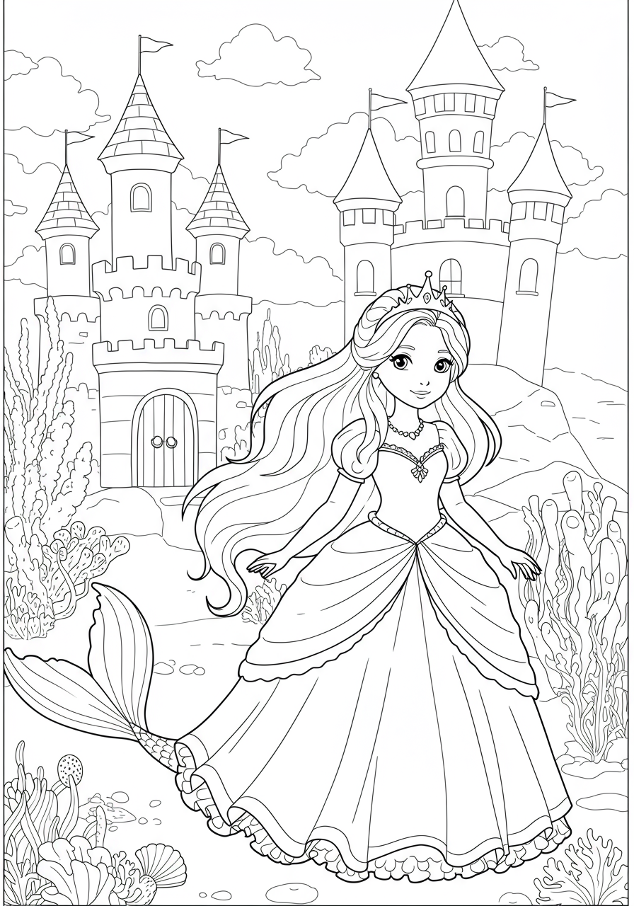 Free printable coloring page featuring a mermaid princess swimming with her ocean friends: a dolphin, seahorse, crab, and starfish in a vibrant underwater coral reef scene.