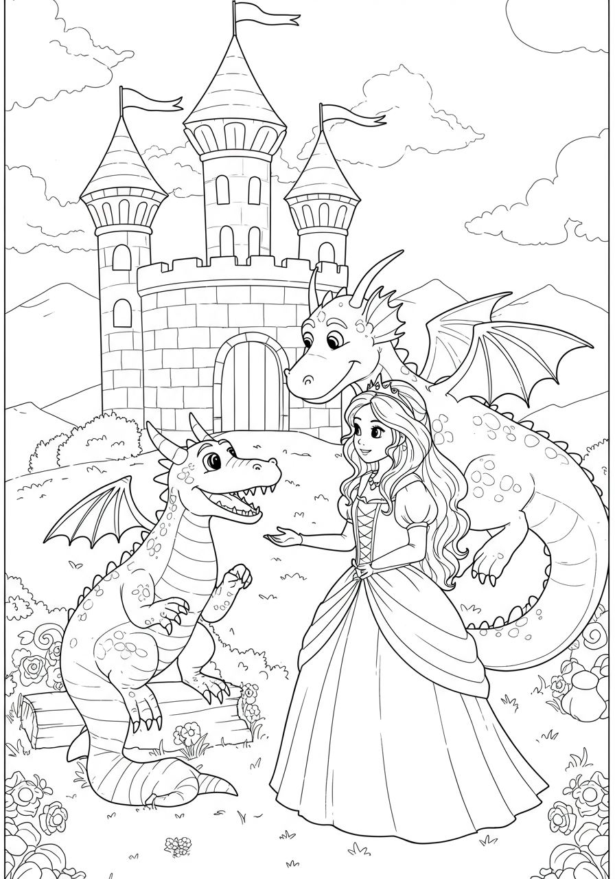 Free printable coloring page depicting a princess offering a flower to a friendly dragon, symbolizing friendship and overcoming fear. Easy for kids to color.