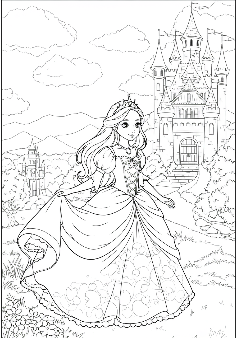 Free printable Princess Grand Castle View coloring page for kids, featuring a majestic royal castle with turrets and flags in an easy-to-color design.