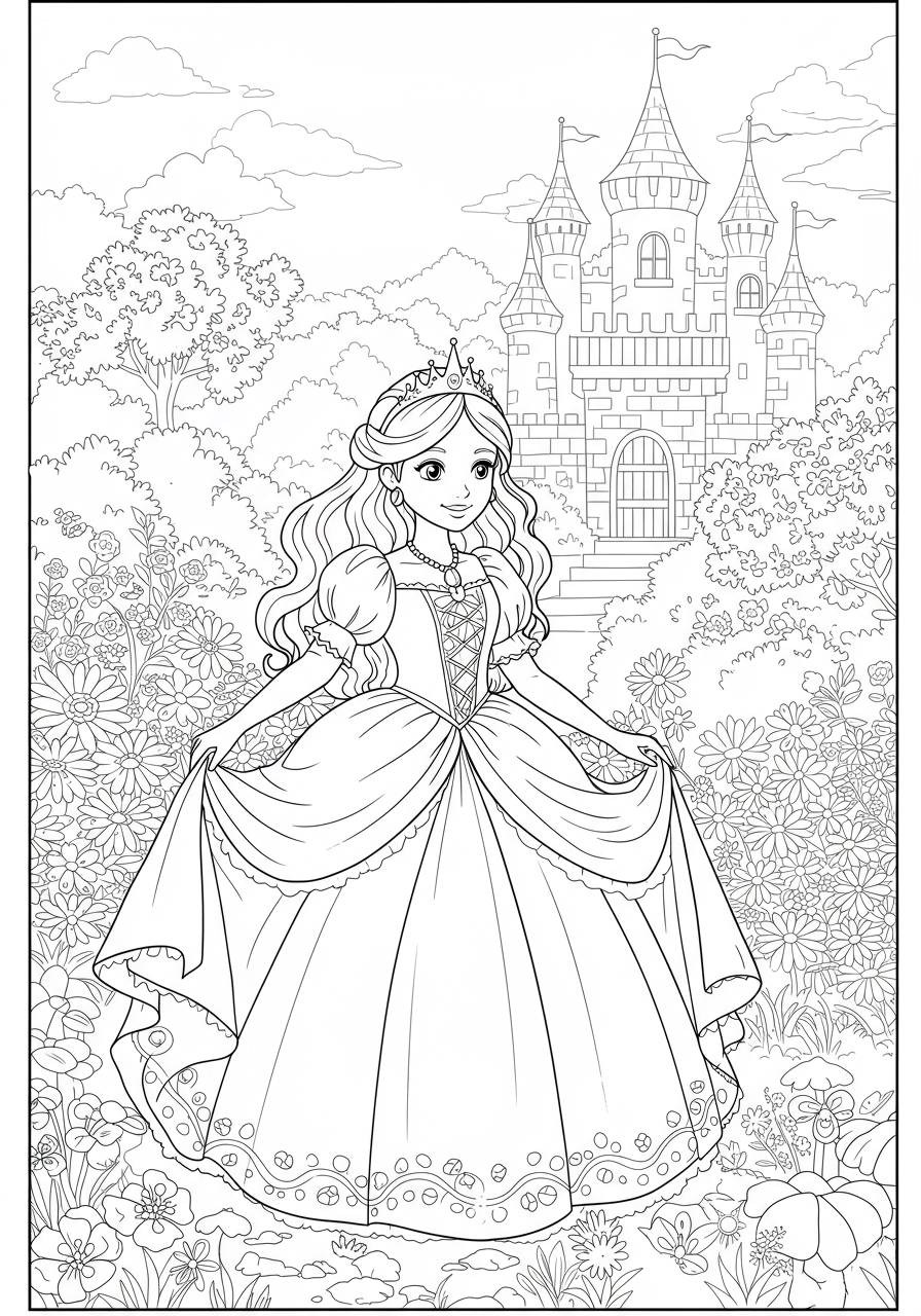 A free printable coloring page featuring a princess standing happily in a beautiful secret garden filled with various flowers and vines.