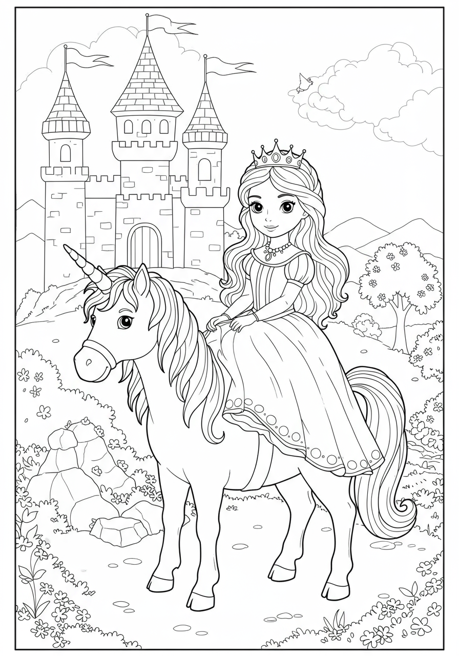 Free printable coloring page featuring a smiling princess with a flowing gown riding a majestic unicorn in a fantastical setting, perfect for easy coloring.
