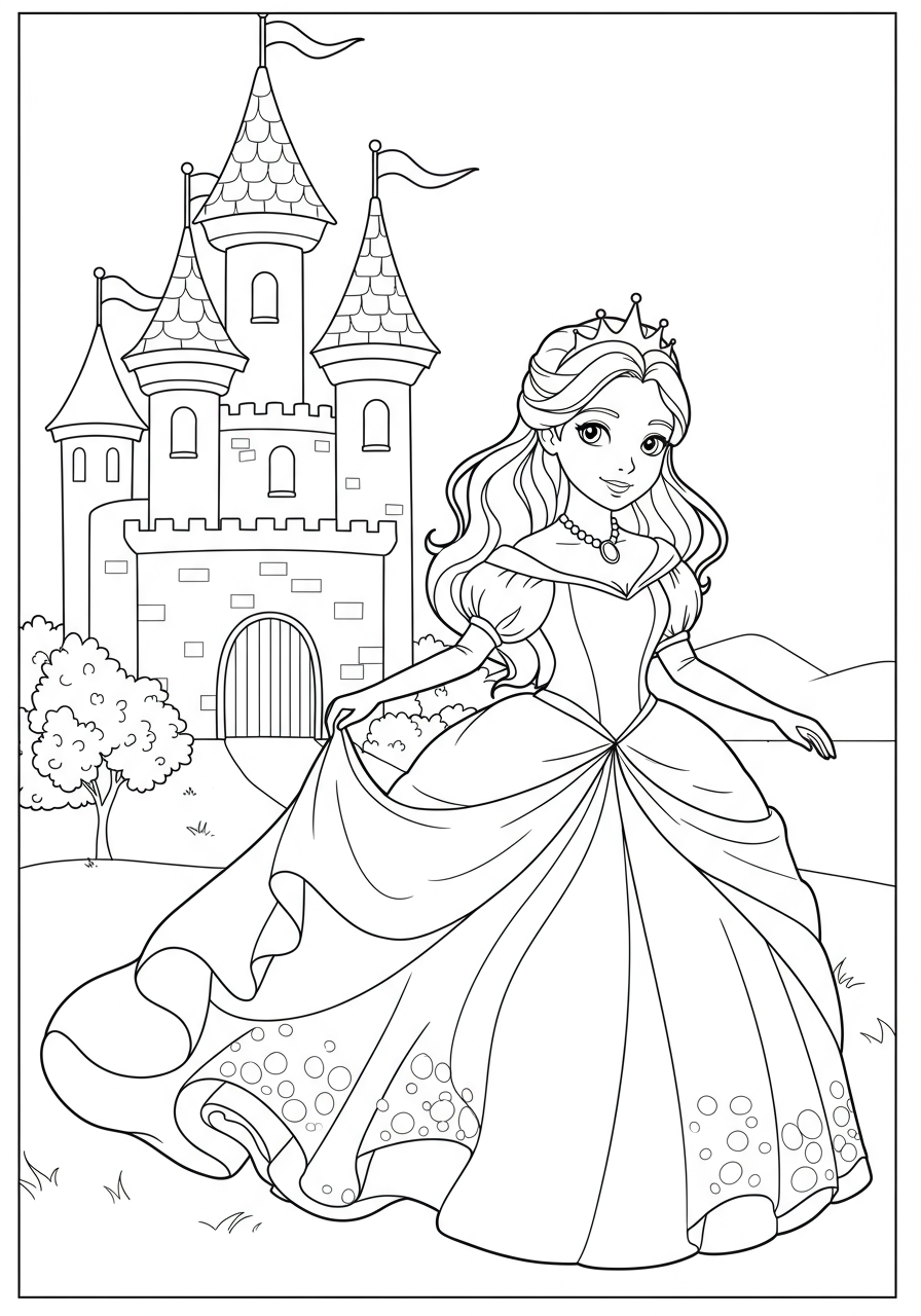 Free printable coloring page featuring a princess in a grand royal ballgown standing in front of a majestic castle with towers and flags, perfect for kids to color.
