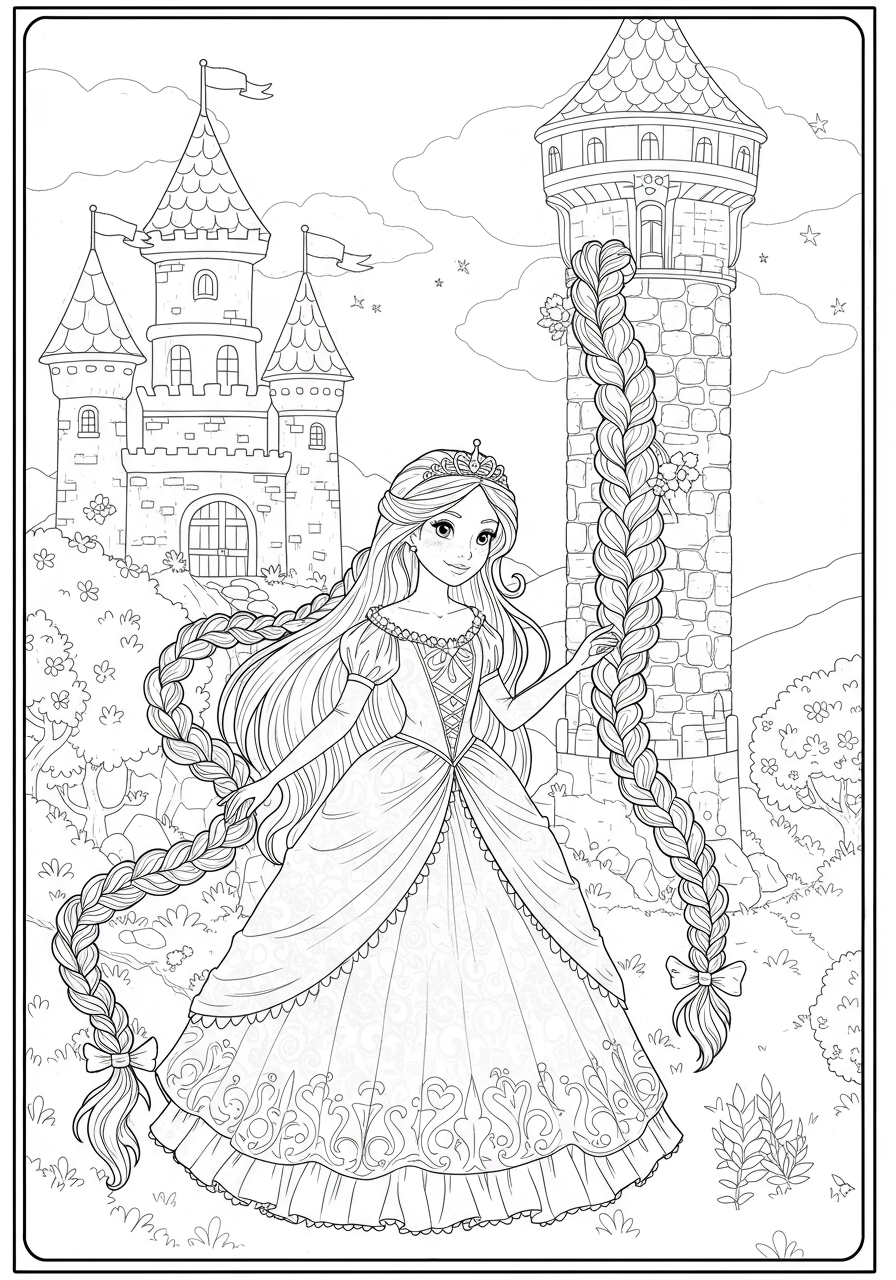 Free printable coloring page depicting an enchanting fairy tale tower with an incredibly long, flowing braid cascading down, perfect for young artists.