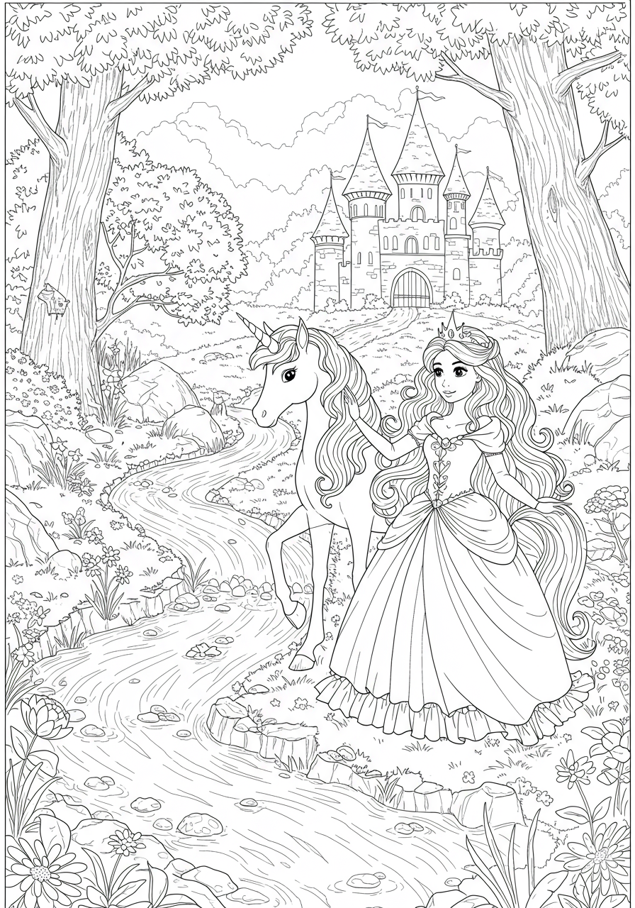 A free printable coloring page showing a majestic unicorn standing gently by an enchanted forest stream, surrounded by whimsical trees, blooming flowers, and sparkling water.