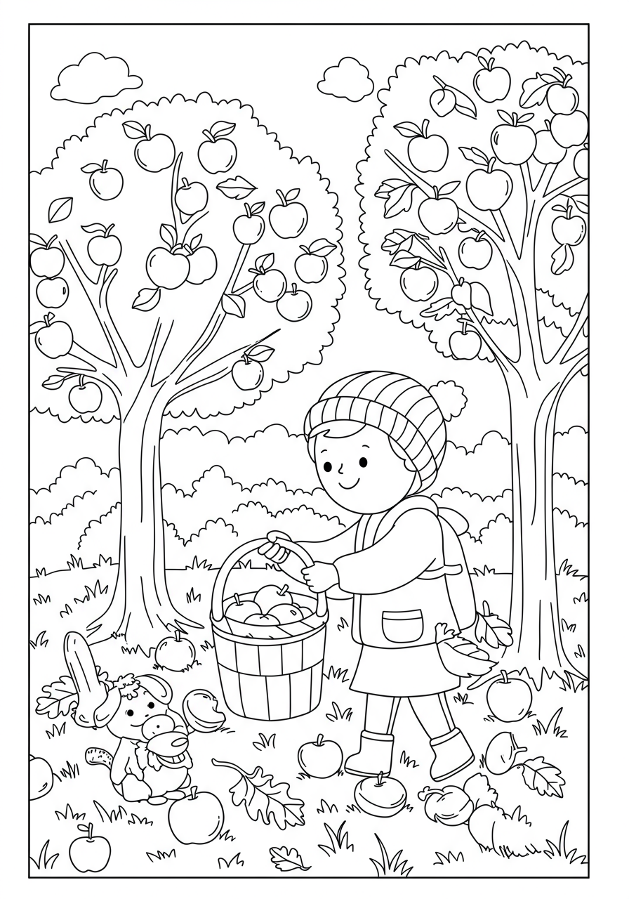 Children picking apples from trees in an autumn orchard with a basket and ladder