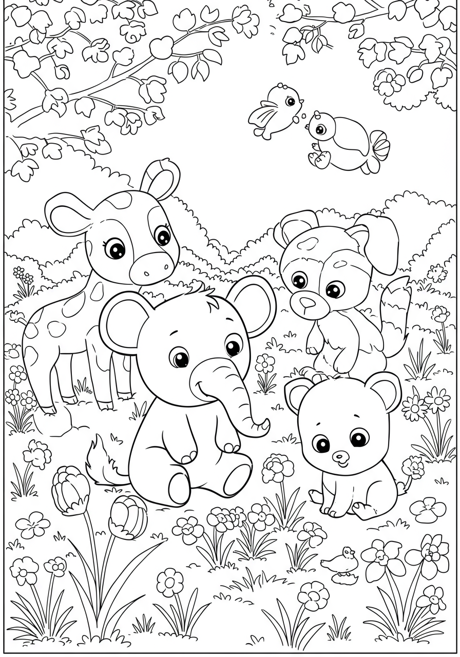 Baby lambs, chicks, and bunnies playing in a spring meadow with flowers