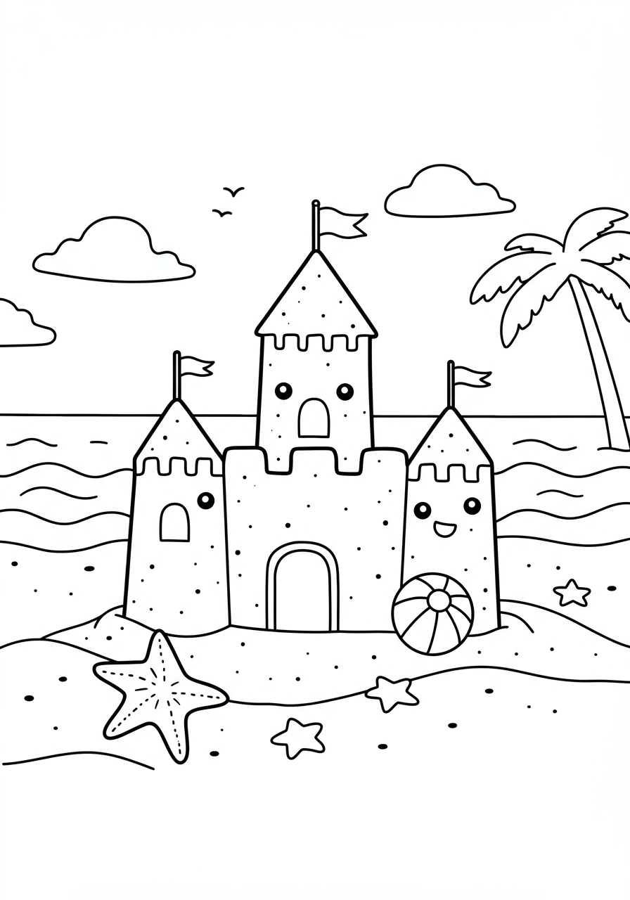 A detailed sandcastle on a sunny beach with waves, shells, and a beach umbrella