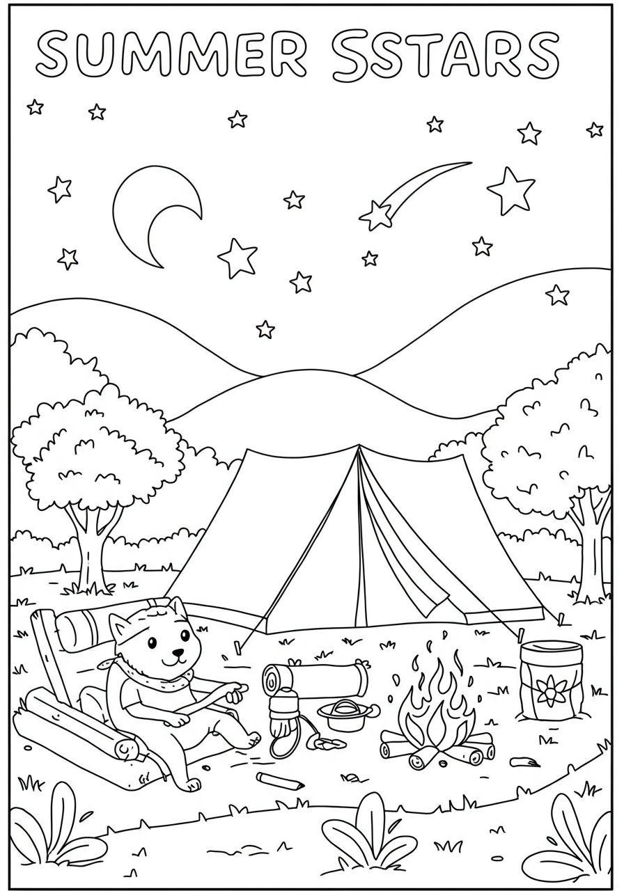 A cozy camping scene with a tent, campfire, and starry night sky