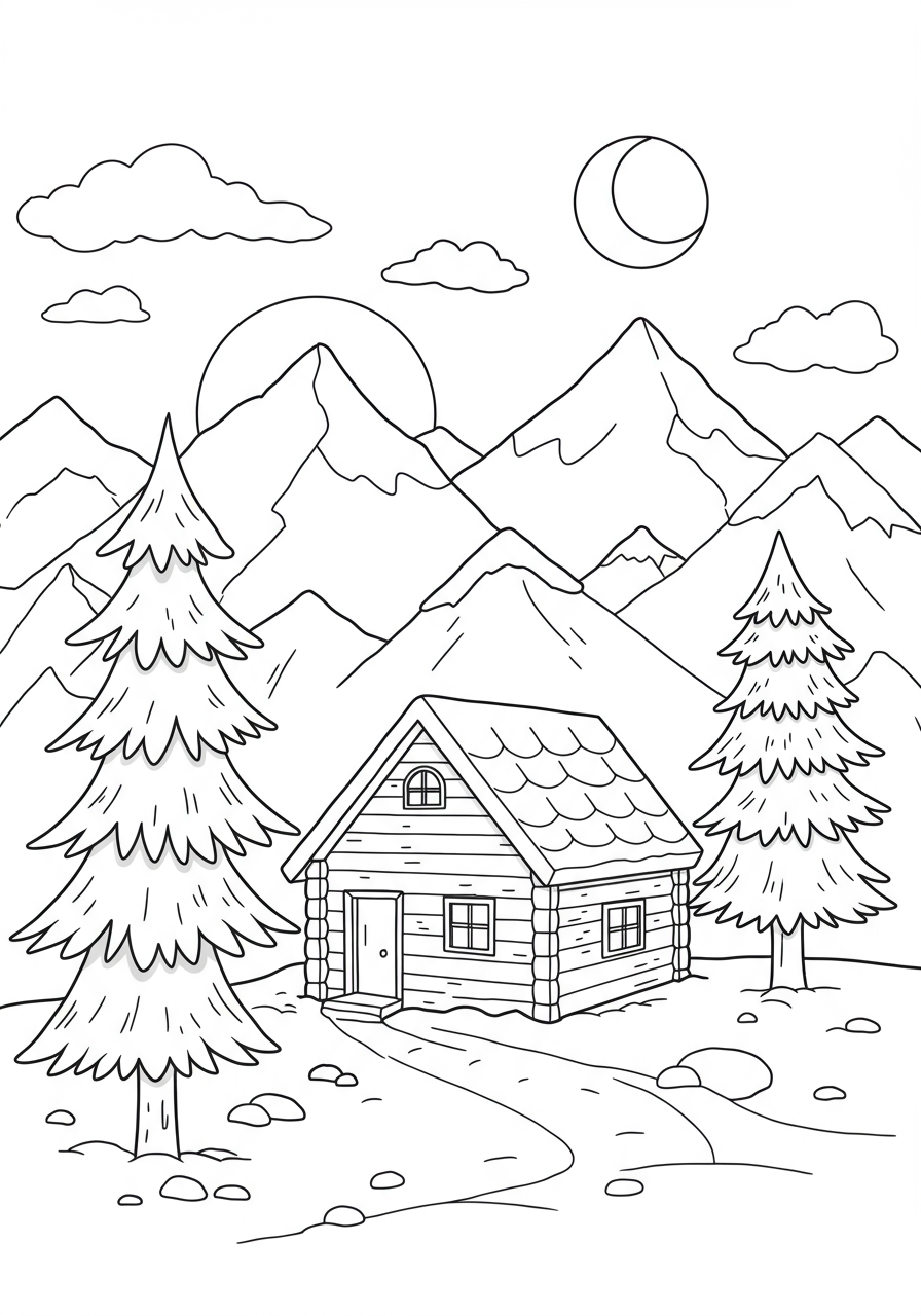 A cozy log cabin with smoke from the chimney surrounded by snow-covered pine trees and mountains