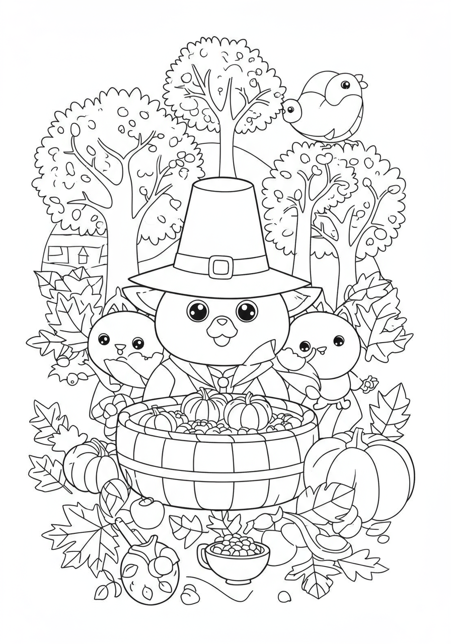 A Thanksgiving harvest scene with a cornucopia, pumpkins, and autumn decorations
