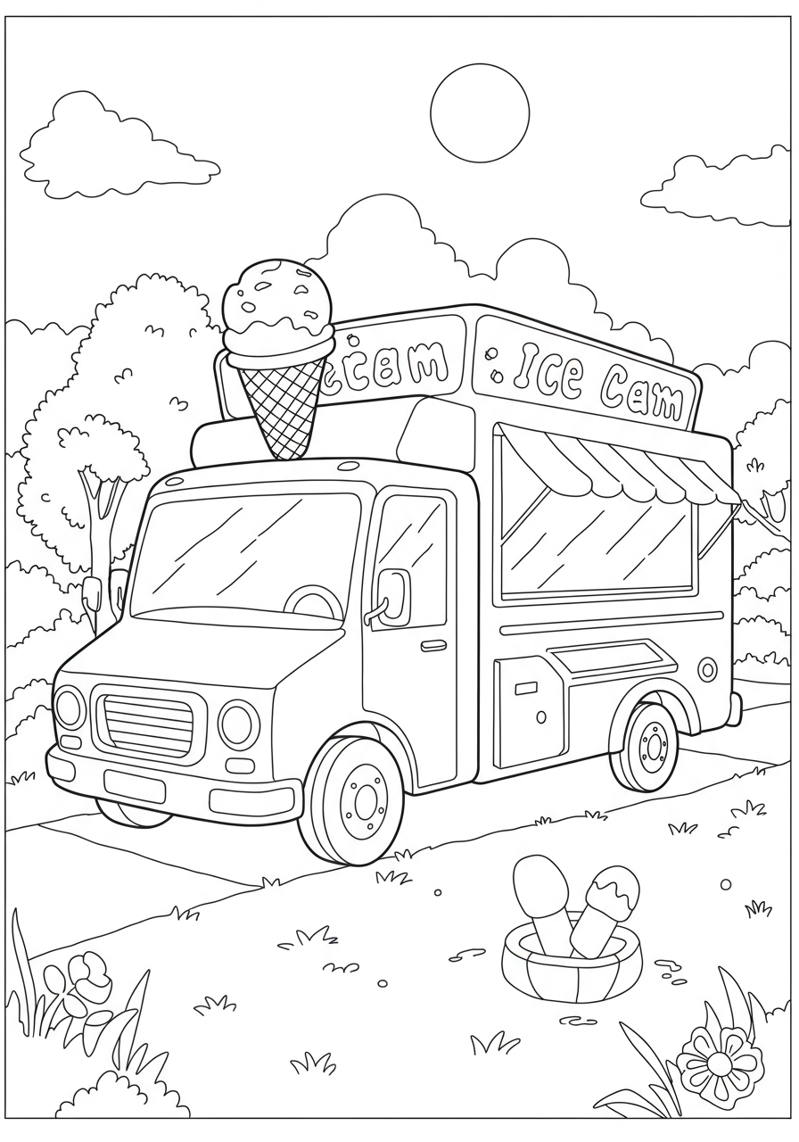 A cheerful ice cream truck with happy children lined up on a sunny summer day