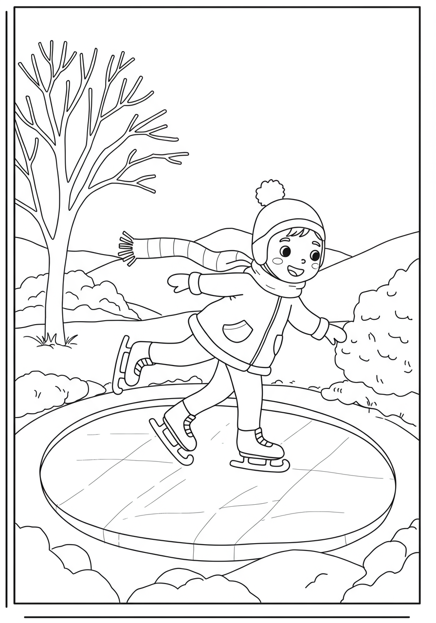 Children ice skating on a frozen pond surrounded by snow-covered trees