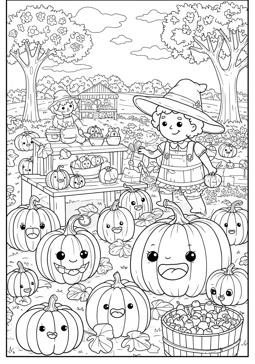 A pumpkin patch with pumpkins of all sizes, a scarecrow, and autumn leaves