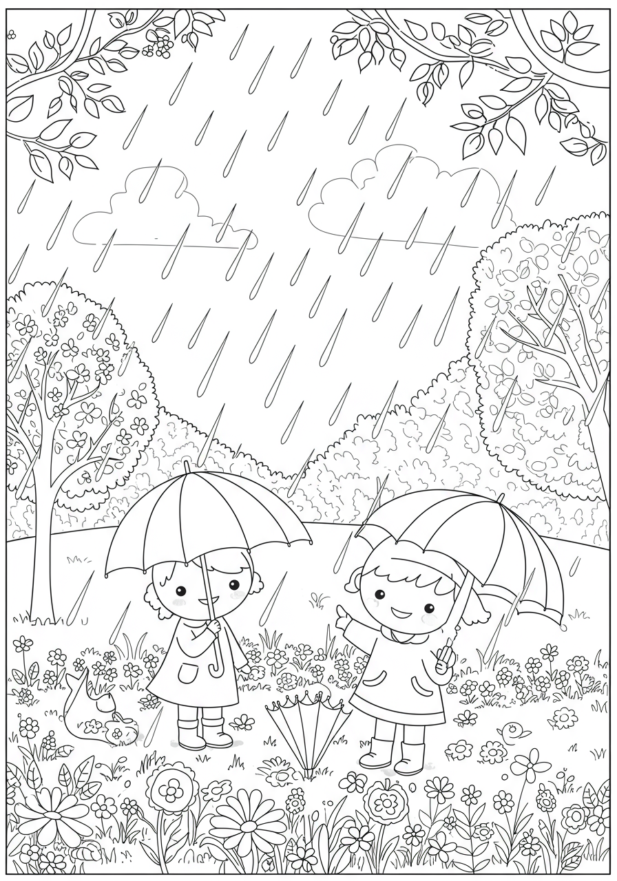 A child with a colorful umbrella jumping in puddles on a rainy spring day