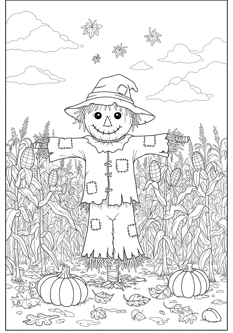 A friendly scarecrow standing in a cornfield surrounded by fall leaves and crows