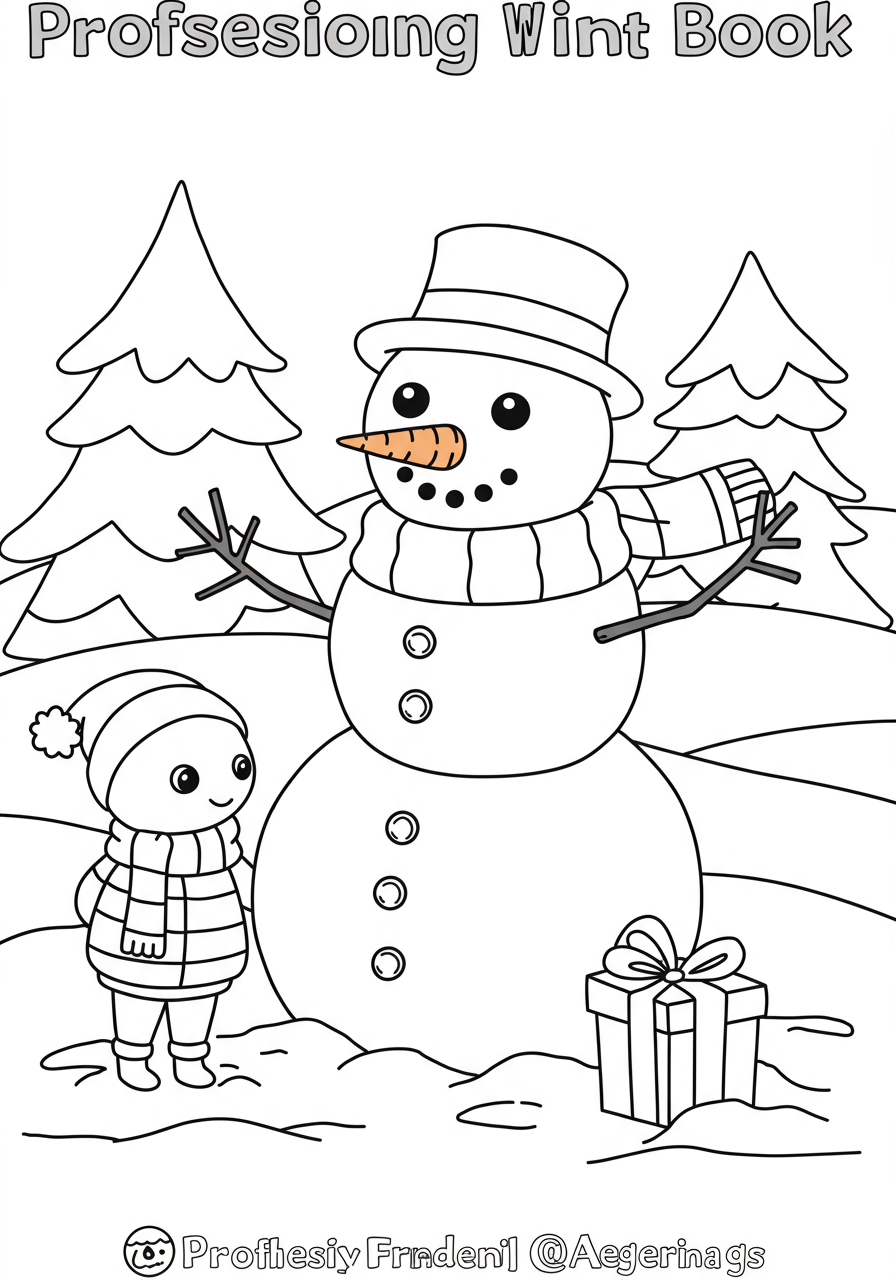 Children building a cheerful snowman with a carrot nose, scarf, and top hat in a snowy yard