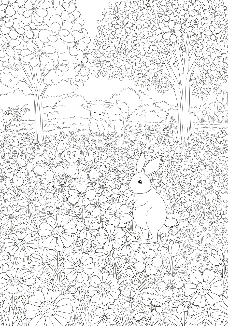 A vibrant spring garden with tulips, daffodils, and butterflies
