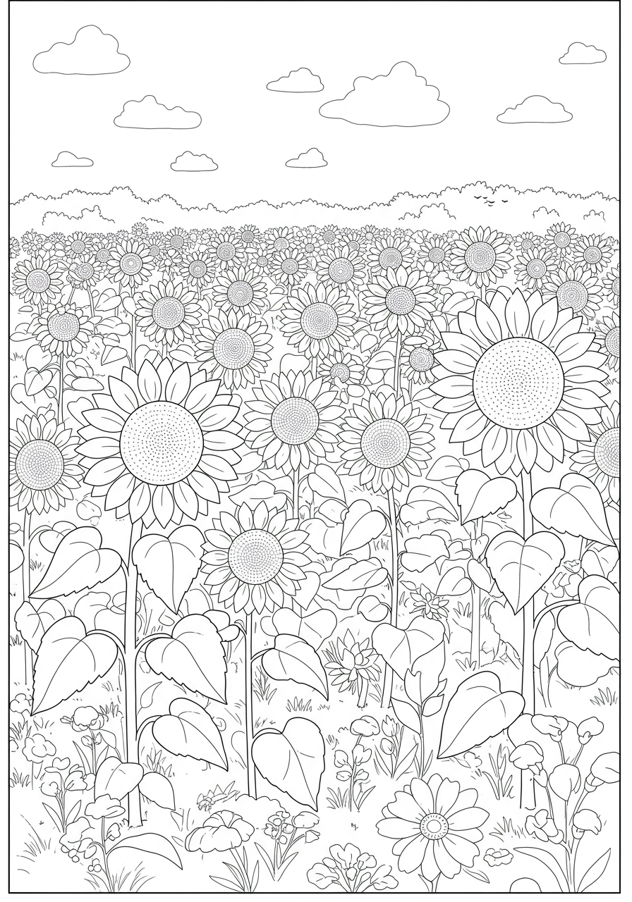 A field of tall sunflowers stretching toward the bright summer sun