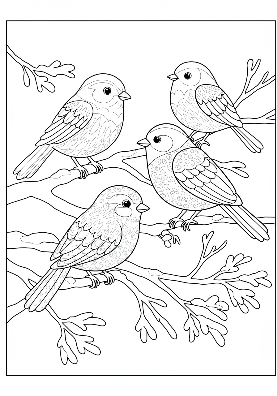 Cardinals and blue jays perched on a snow-covered branch with berries