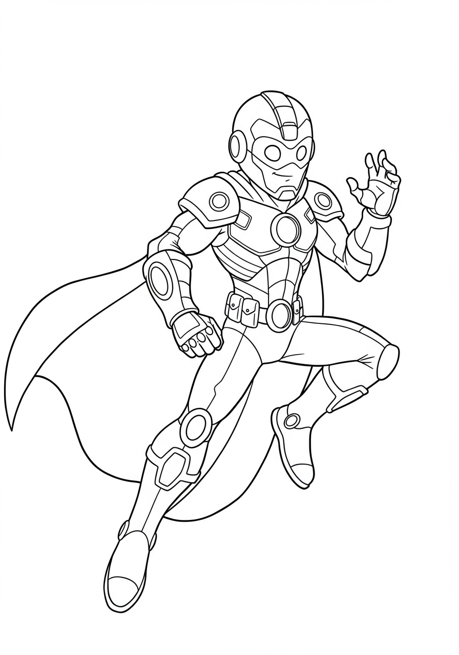 Free printable advanced hero armor details coloring page for kids, showcasing intricate futuristic suit elements like glowing power sources and metallic plating.