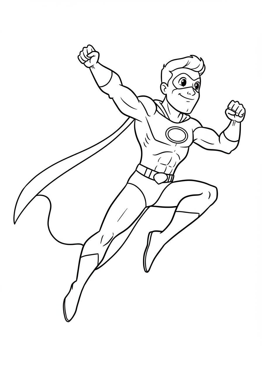 Free printable coloring page featuring an agile superhero in a dynamic leaping high pose, soaring through the sky, perfect for kids.