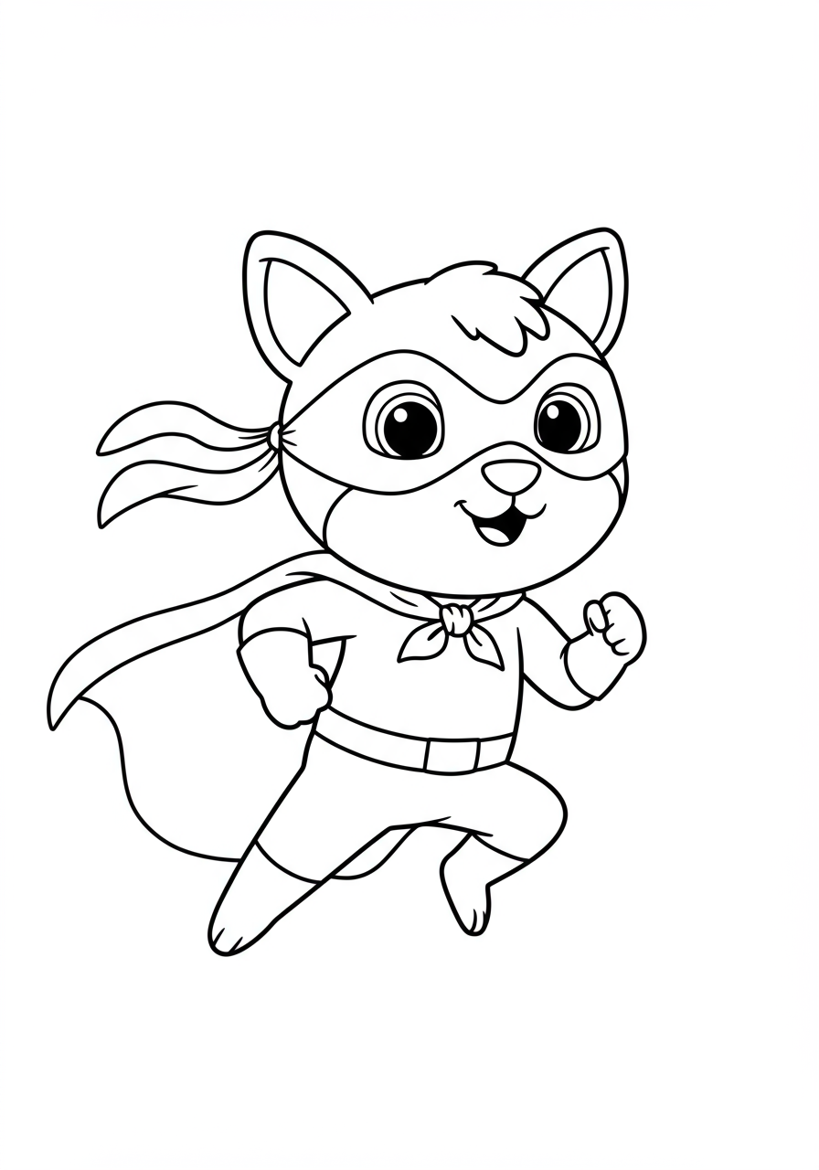 Image of a brave animal hero companion wearing a superhero mask and cape, ready for adventure. A free printable coloring page for kids.