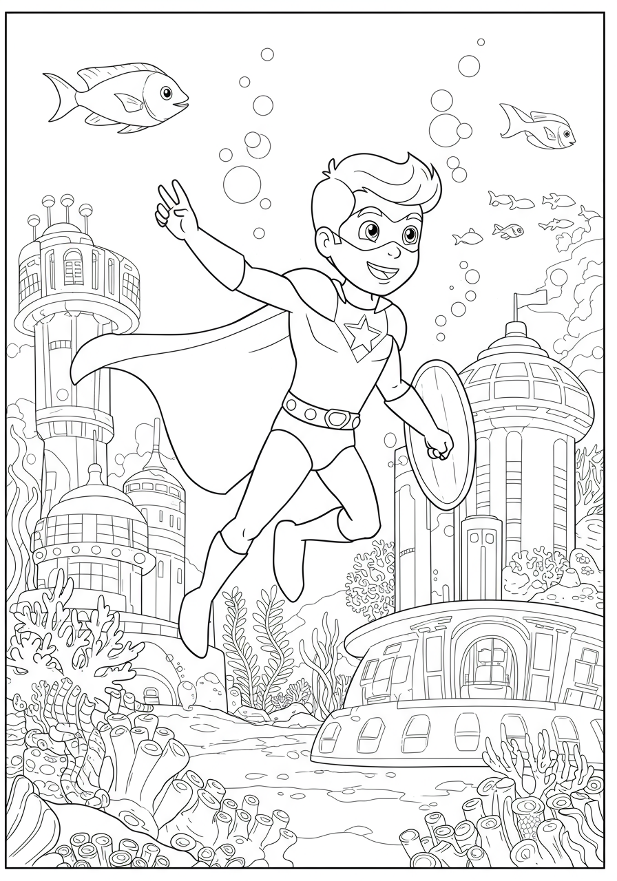 Free printable Aquatic Hero underwater city coloring page for kids, featuring a brave superhero protecting a futuristic marine metropolis with fish and colorful coral.