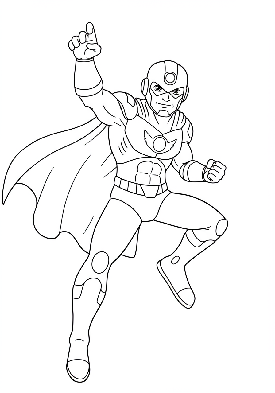 Free printable coloring page featuring a powerful armored hero in a combat-ready pose, perfect for young superhero fans.