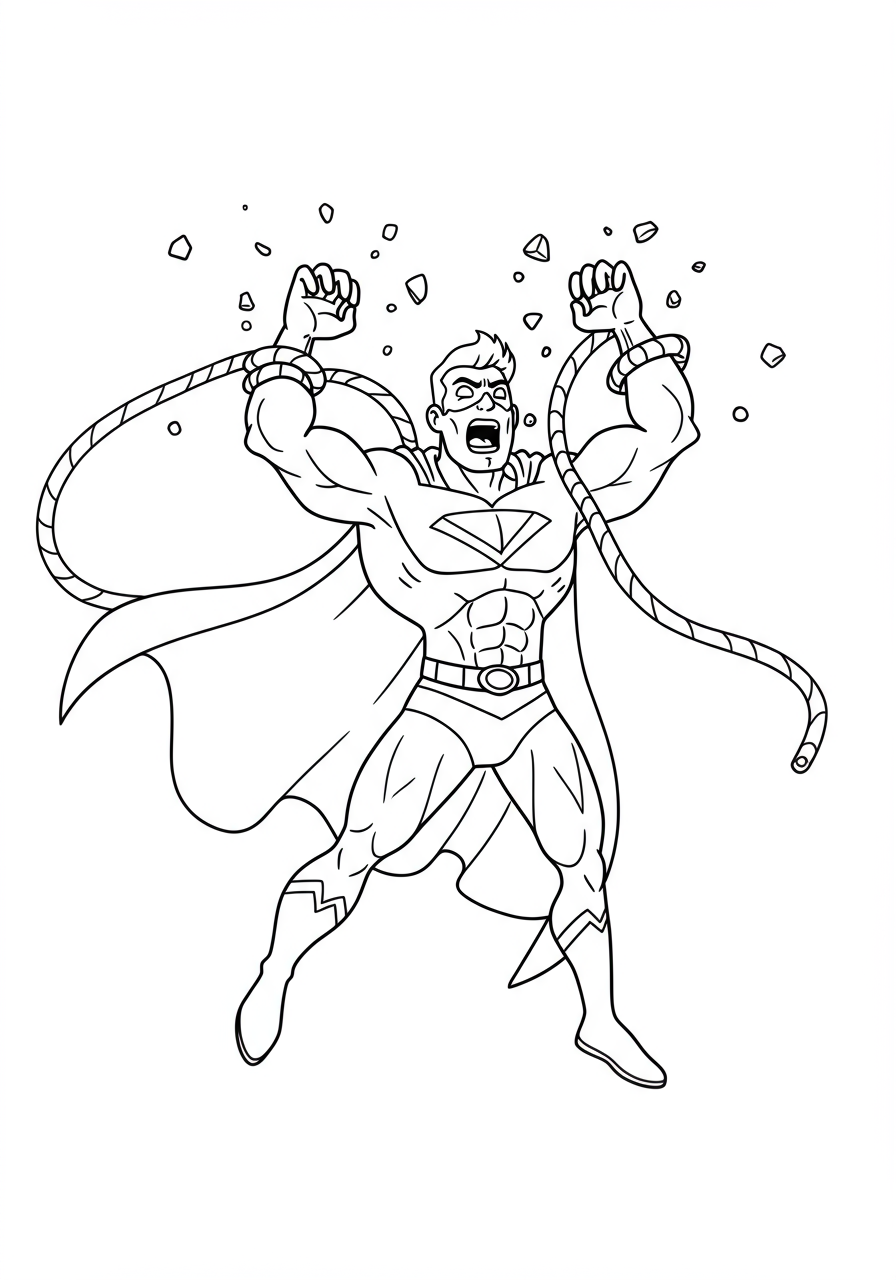 A free printable coloring page showing a muscular superhero with a cape straining to escape ropes, chains, or energy bonds. The hero has a determined expression, depicting an exciting moment of breaking free.