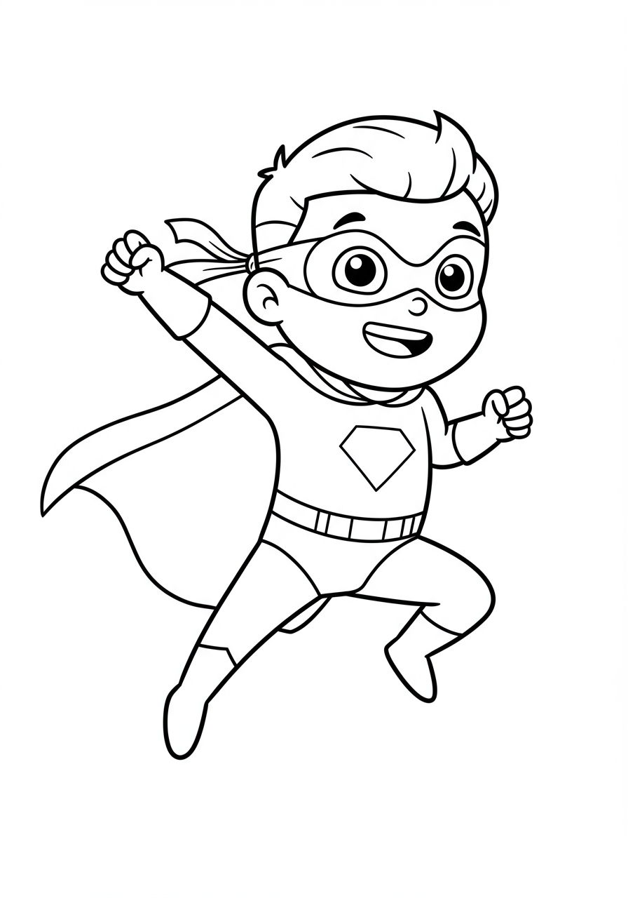 An illustration of a cartoon superhero, wearing a cape and mask, smiling bravely with outstretched arms, ready for action. Free printable coloring page for kids.