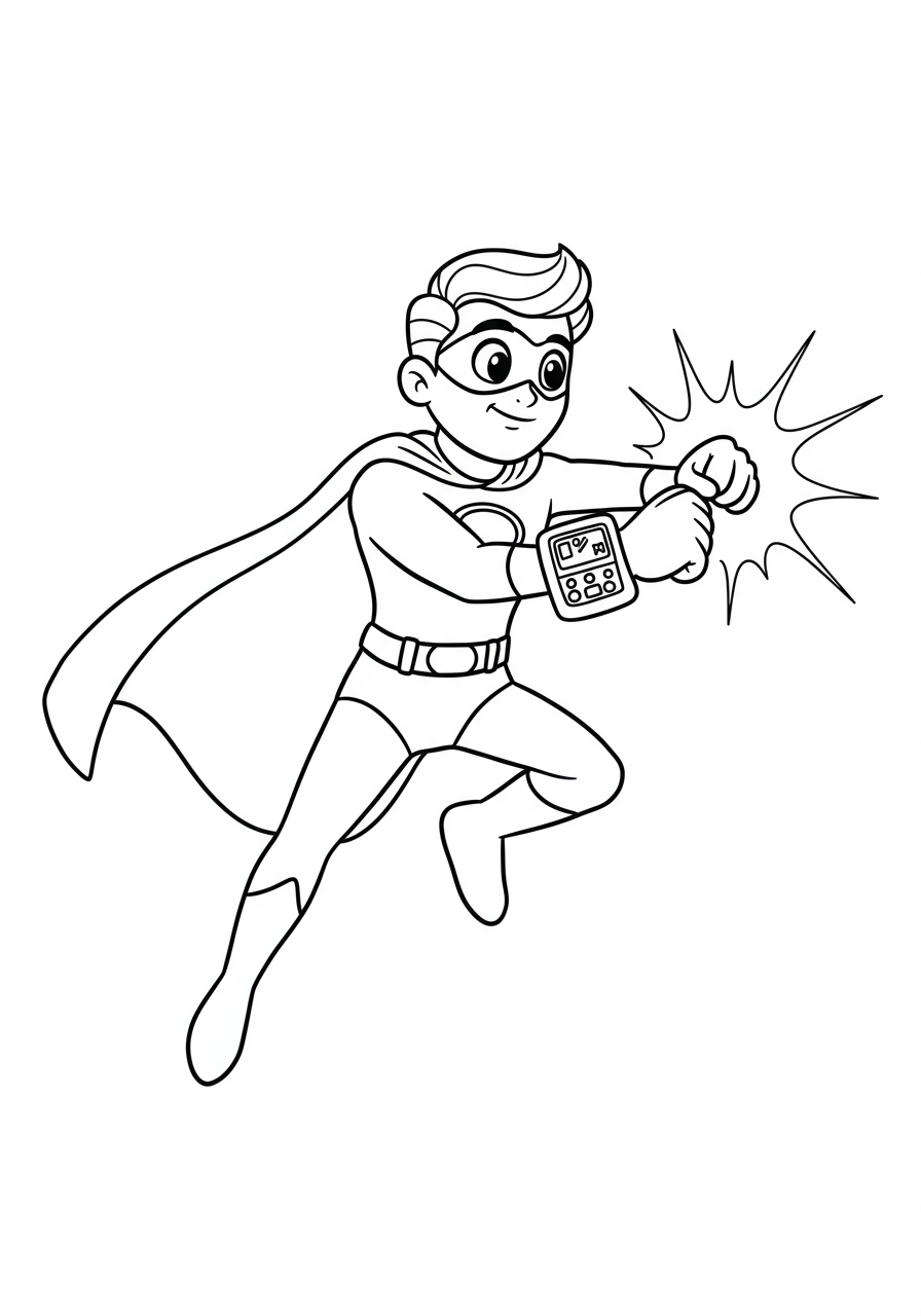 Illustration of a superhero's wrist communicator device glowing as it activates, ready for a mission. This free printable coloring page is perfect for kids who love superheroes and gadgets.