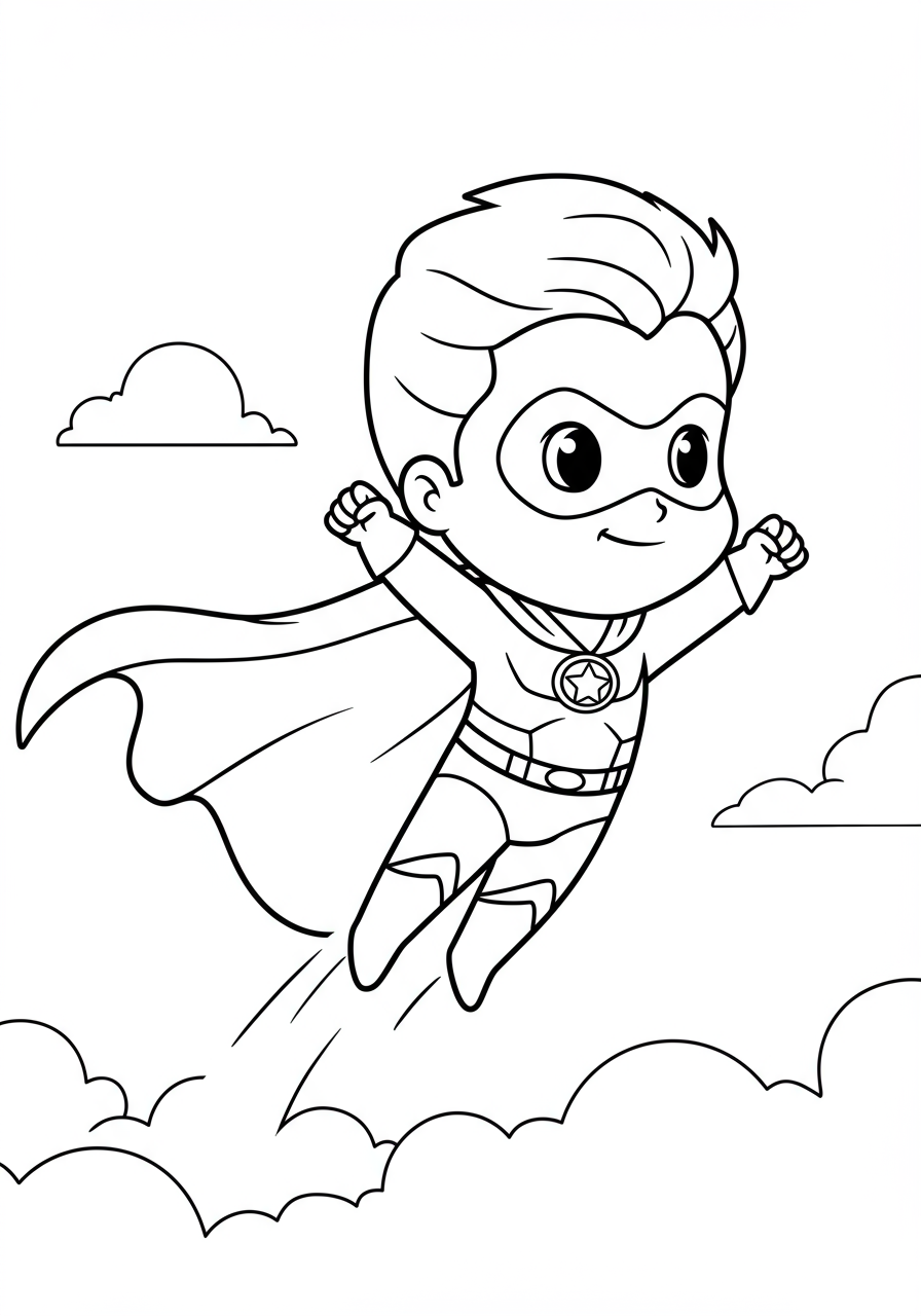 Free printable coloring page featuring a cute chibi hero with a flowing cape flying high in the sky, perfect for kids.