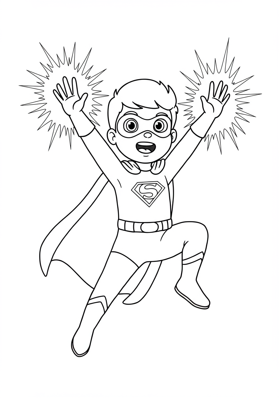 Free printable coloring page depicting a child discovering their superpowers, with energy radiating from their hands, designed for easy coloring.