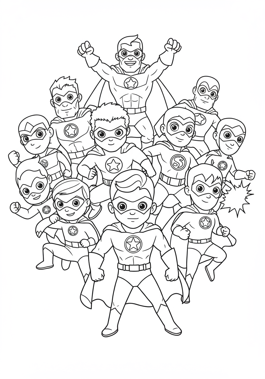 Illustration of a free printable coloring page featuring a diverse group of superheroes standing together, ready for action, designed for kids.