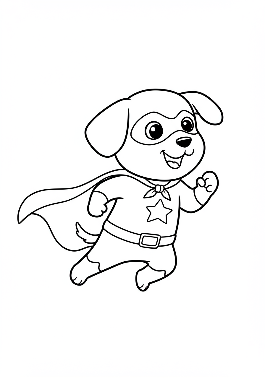 Free printable coloring page featuring a cute dog in a superhero costume cape, ready to save the day. Easy coloring activity for kids.