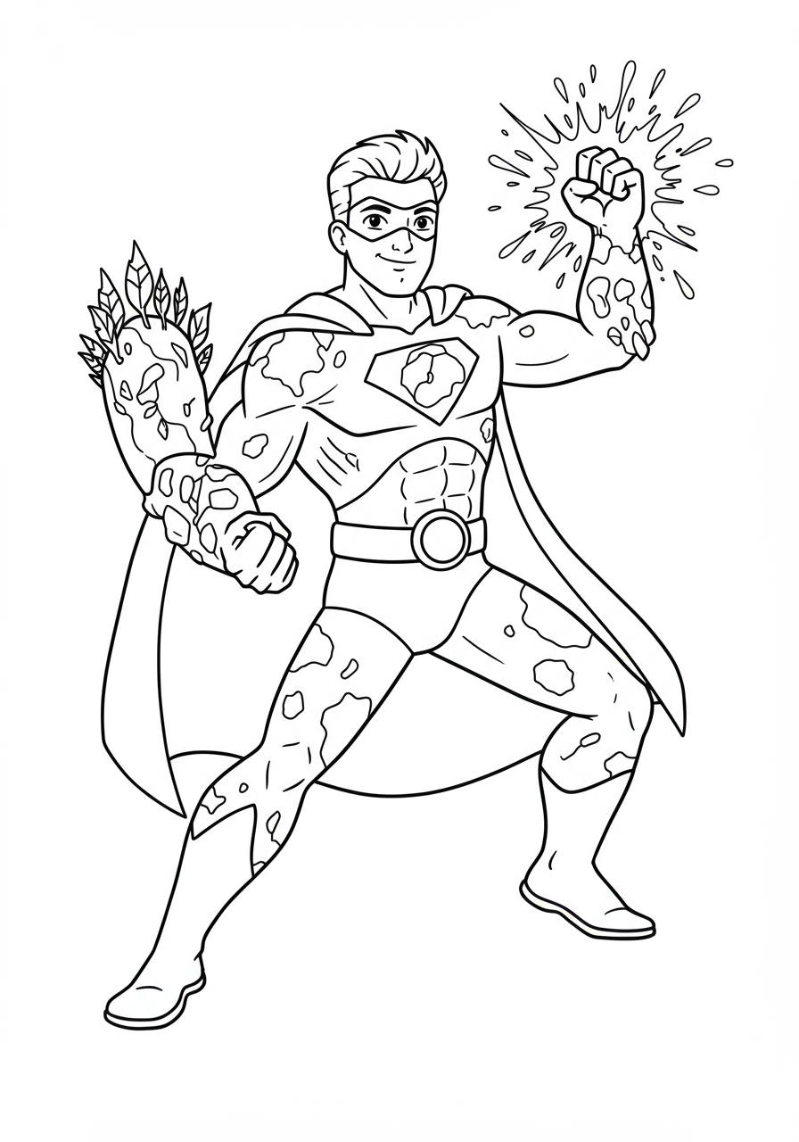 A free printable coloring page featuring an Earth Power Hero, a superhero who draws strength from the ground, standing in a powerful pose with earthy elements.